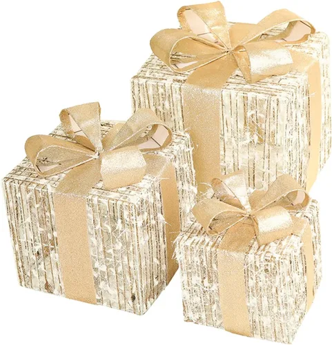 Vista 11 de Juego de 3 cajas de regalo iluminadas de Navidad, cajas de regalo iluminadas de Navidad con lazo, cajas de regalo preiluminadas, cajas de Navidad