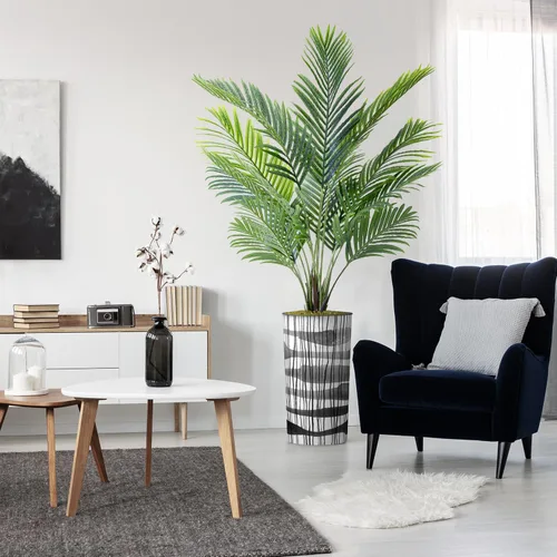 Vista 26 de Árbol artificial con diseño de hojas blancas y negras, palmera tropical areca artificial de seda para decoración del hogar en interiores y Diseño