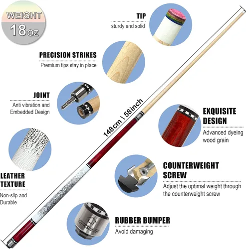 Vista 2 de HomeSeason 58in Pool Cue Stick Canadian Maple Wood 13mm Tip - 18oz Perfect for Precision Play, Low Deflection Pool Cue for Enhanced Accuracy
