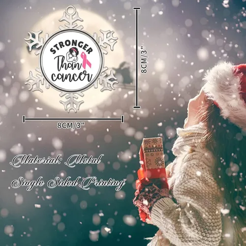 Vista 2 de Adorno colgante de Navidad Stronger Than Cancer Brest Cancer Awareness Metal Copo de nieve Adornos de Navidad Recuerdo Rosa Sobreviviente de Cáncer