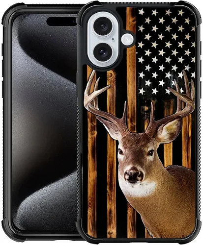 Vista 391 de Funda compatible con iPhone 8, a prueba de golpes, antiarañazos, bandera de ciervos de cola blanca de grano de madera estadounidense
