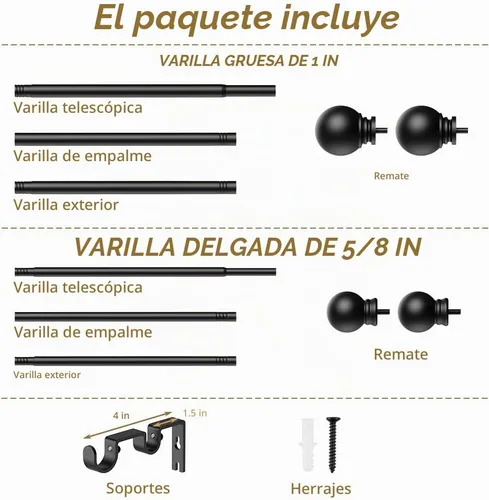 Vista 8 de GXOACKJ Barras de cortina dobles para ventanas de 36 a 60 pulgadas de largo, barra de cortina doble decorativa ajustable resistente con remates