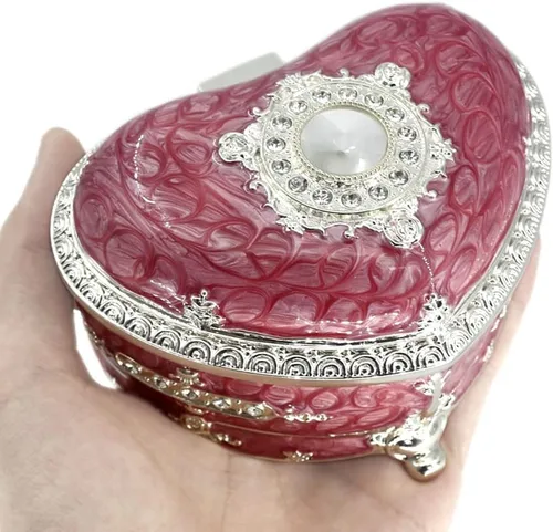 Vista 23 de ROSIKING Caja de música de aleación de metal en relieve en forma de corazón azul, caja musical antigua para joyería con cuerda, regalos