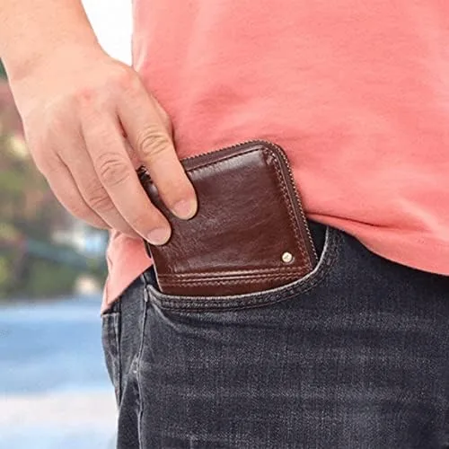 Vista 5 de WYFDP - Cartera de cuero para hombre, monedero de cuero auténtico, monedero pequeño, monedero para hombre, monedero corto con llavero