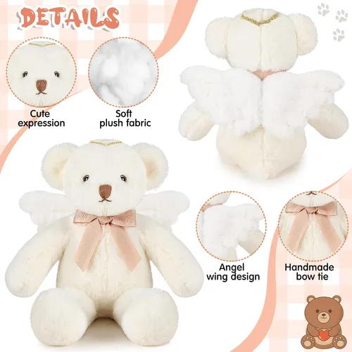 Vista 4 de Sratte Oso de ángel de peluche de 16 pulgadas con alas y lazo suave y lindo juguete de peluche para niños y niñas, cumpleaños, baby shower, bautizo