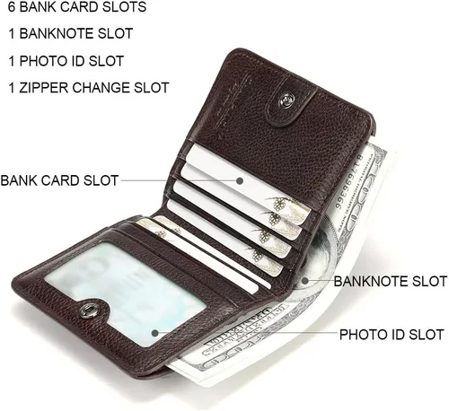 Vista 3 de Cartera de cuero con cremallera para hombre, con bloqueo RFID, mini billetera portátil con múltiples ranuras para tarjetas para billetes, Café