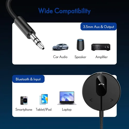 Vista 7 de BESIGN BK01 Kit Bluetooth para coche, receptor auxiliar inalámbrico para llamadas manos libres y transmisión de música con filtro de ruido de bucle