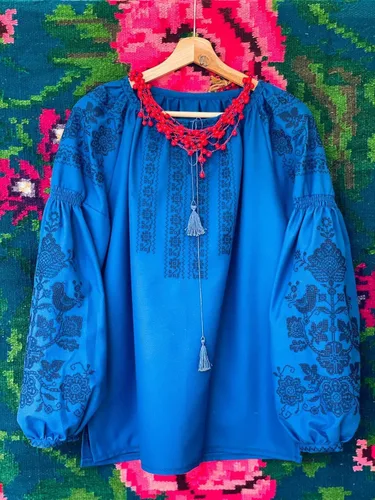 Vista 5 de Blusa bordada ucraniana - Camisa casera de algodón azul con bordado floral Vyshyvanka Top para mujer Tamaño y color personalizados XS a 4XL