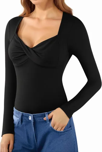 Vista 3 de MANGOPOP Body ajustado con cuello en V profundo y nudo torcido para mujer, manga corta, manga larga