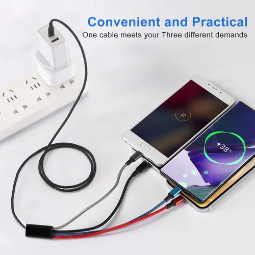 Vista 5 de Cable de carga múltiple, USB C a 4 en 1 de nailon trenzado dual Lightning/tipo C/Micro Port Cable de carga rápida para iPhone 17, 16, 15, 14, 13 Pro