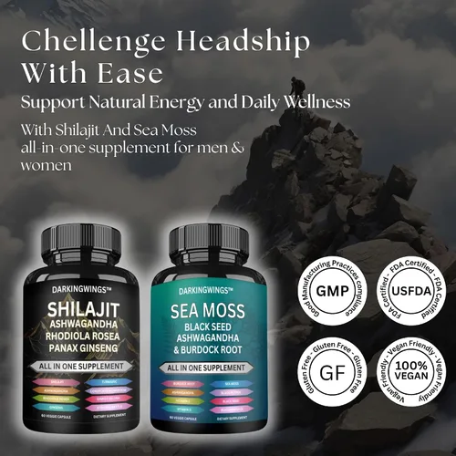 Vista 6 de Shilajit y musgo marino Combo - Cápsulas Shilajit añadidas Ashwagandha, musgo marino, jengibre y aceite de semilla negra, Rhodiola Rosea, Panax