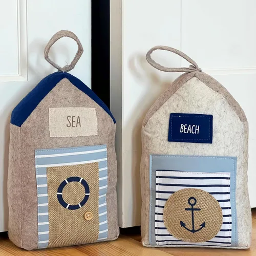 Vista 2 de Coastal Cabana - Topes suaves para puerta, yute, algodón, con bucle, pesados, 11.75 pulgadas, en forma de casa con ancla y adornos de tela salvavidas
