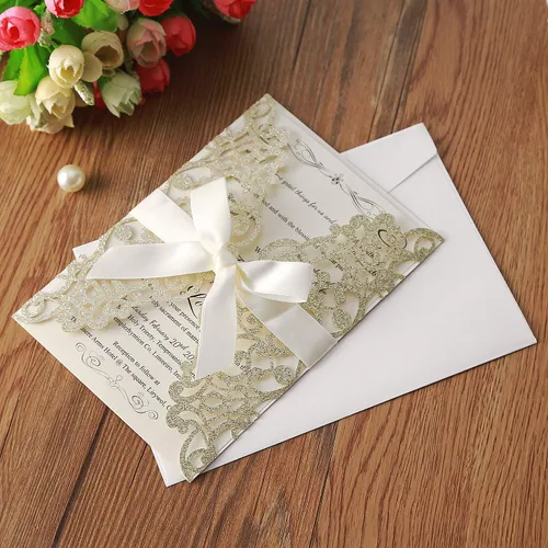 Vista 2 de Hosmsua 20 unidades de invitaciones de boda con flores de 13 x 18,5 cm con purpurina y corte láser con cintas y sobres para boda, despedida