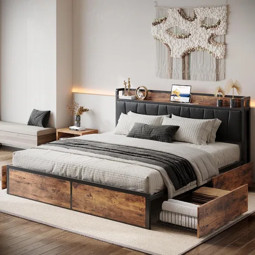 Vista 13 de LIKIMIO - Armazón de cama tamaño King con 4 cajones de almacenamiento, cama de plataforma con cabecera tapizada, resistente y estable, sin ruido,