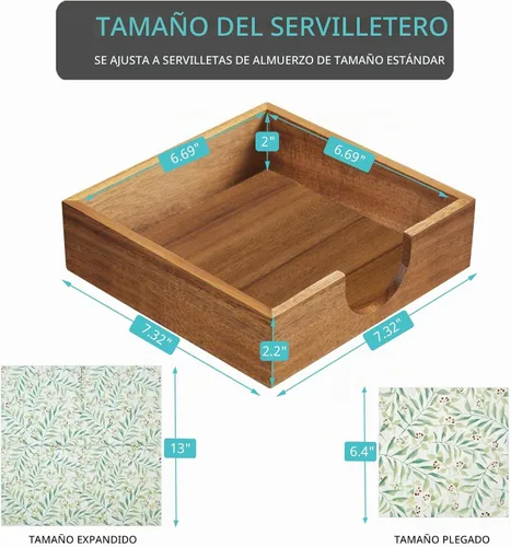 Vista 2 de Servilletero de madera de acacia para mesa, servilleteros para servilletas de papel, servilletero plano para almuerzo, servilleteros para decoración