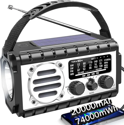 Vista 8 de Radio de emergencia con manivela de 20000 mAh, radio meteorológica SW/NOAA/AM/FM, cargador de manivela alimentado por energía solar con batería