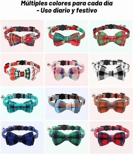 Vista 7 de Collar Joytale con corbatín y campana, lindos patrones de cuadros, 1 o 2 unidades de collares de seguridad para gato, Negro