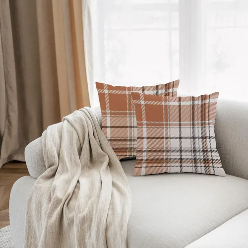Vista 3 de AOFANGGO - Juego de 2 fundas de almohada de otoño decorativas de 16x16 pulgadas. Fundas de almohada de cuadros naranja y gris, cojines de lino