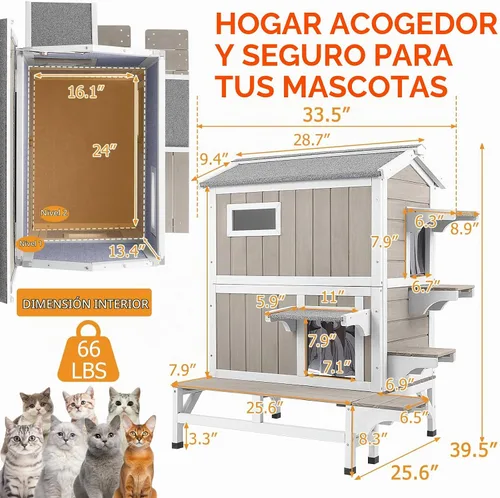 Vista 7 de PetsCosset Casa Aislada para Gatos de Exterior Resistente a la Intemperie con Balcón, Aislamiento Integral, Refugio de Madera para Gatos Ferales
