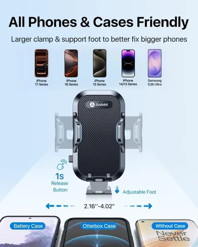 Vista 4 de Andobil - Soporte para teléfono EASY CLAMP 3.0 【La versión más estable】Soporte universal para teléfono manos libres con ventilación para parabrisas