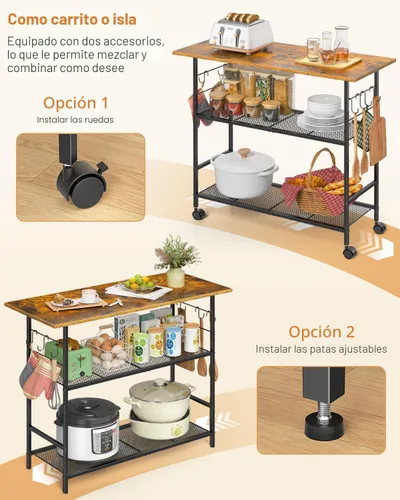 Vista 5 de Isla de cocina con 3 estantes, carrito de cocina rodante con 6 ganchos y estante protector, soporte de microondas con ruedas bloqueables, estante