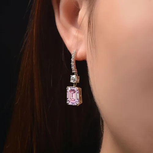 Vista 3 de Aretes colgantes de plata de ley para mujer, aretes colgantes hipoalergénicos chapados en oro blanco con diamantes cultivados en laboratorio