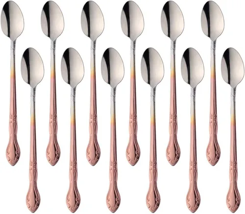Vista 11 de Cucharas de sopa, cucharas redondas de acero inoxidable para caldo con borde de flor, juego de 12 piezas de acero inoxidable para café, azúcar