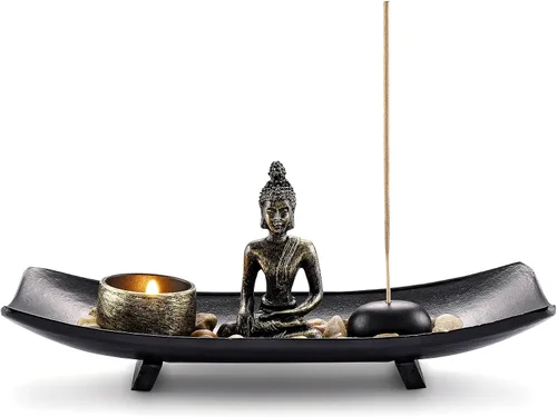 Vista 7 de Jovivi set de jardín zen con estatua de Buda, 2 portavelas de té de loto, mazo y rocas y cristales y quemador de incienso con soporte para varillas