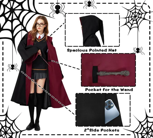 Vista 5 de Bata mágica unisex, disfraz universitario con capucha, disfraz de bruja de cine, mundo mágico, Halloween, cosplay, para mujeres y hombres