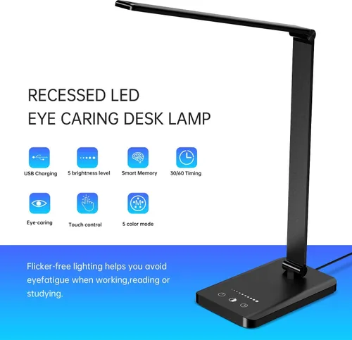 Vista 5 de Lámpara de escritorio LED Ambertronix con puerto de carga USB, luz de escritorio regulable para lectura y cuidado de los ojos para el hogar, con 5