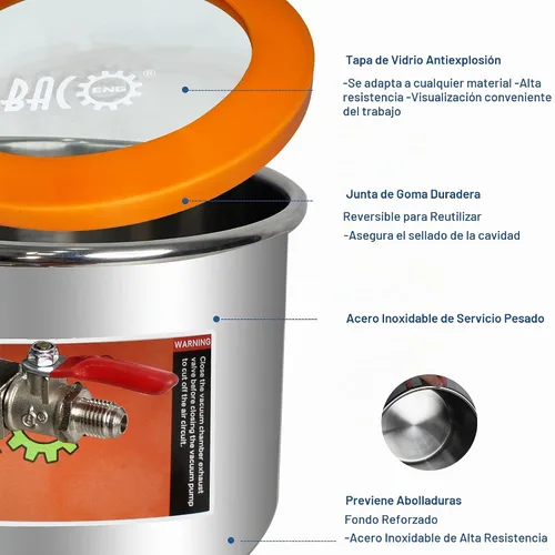 Vista 4 de BACOENG Cámara de vacío de acero inoxidable de 1.5 galones con tapa de vidrio templado perfecta para estabilizar madera, desgasificar siliconas