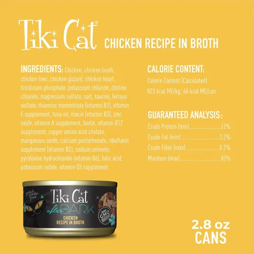 Vista 4 de Tiki Cat After Dark - Alimento húmedo para gatos, receta de pollo, latas de 2.8 onzas (12 unidades) Wet Cat Food, Whole Foods, Real Chicken with