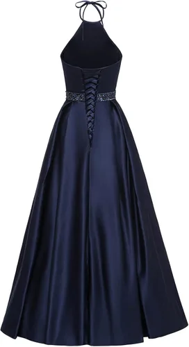 Vista 3 de Vestido largo formal de satén con cuentas y cuello halter para mujer con bolsillos