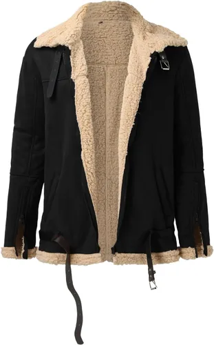 Vista 4 de WOSJKDJ Chaqueta de piel sintética para hombre, chaqueta de piel sintética con cuello de solapa, forro de sherpa con cremallera de invierno