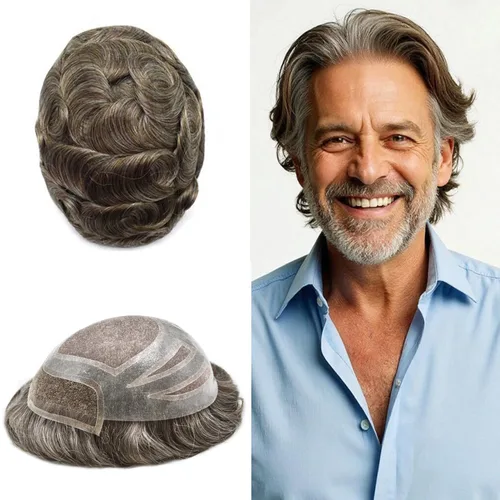 Vista 42 de Toupee - Piezas de pelo para hombres, cabello humano real, sistema de reemplazo de cabello francés, encaje francés, extensiones de cabello