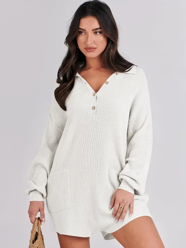 Vista 8 de ANRABESS Enterizo de suéter para mujer, trajes de otoño 2023, a la moda, largo, Henley, cuello en V, overol de punto para descansar