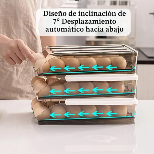 Vista 2 de Soporte para huevos para refrigerador, organizador de desplazamiento automático, contenedor de almacenamiento apilable de plástico reutilizable