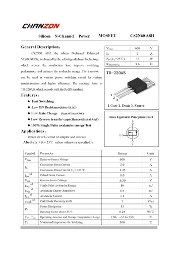 Vista 5 de Chanzon 2N60 TO-220AB NMOS MOS N-Channel Power MOSFET Transistor, alto voltaje y corriente nominal, (paquete de 10 unidades)