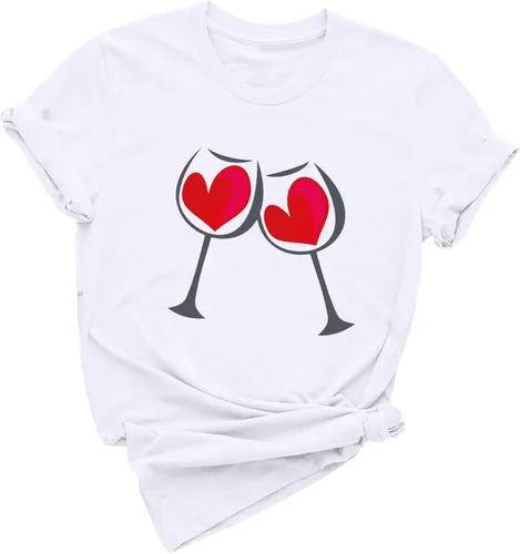 Vista 4 de Camiseta corta casual para mujer, diseño de corazón y corazón con estampado de vino, para el día de San Valentín, a la moda, ajuste holgado, cuello