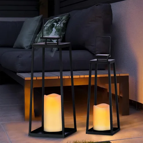 Vista 7 de Juego de 2 faroles solares decorativos para exteriores (18 y 15 pulgadas) modernos faroles de metal negro con velas solares, faroles decorativos