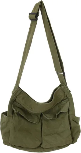 Vista 2 de Bolsa de mensajero de lona, bolsa de mensajero vintage con múltiples bolsillos, bolsas casuales grandes, bolsa de ocio de hombro para mujeres