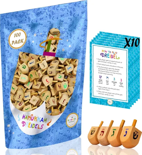 Vista 7 de Paquete de 10 Dreidels Hanukkah Draydel de madera natural con tarjetas de transliteración e instrucciones en inglés