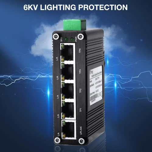 Vista 7 de Mini interruptor Gigabit de 5 puertos industrial, interruptor Ethernet de riel DIN RJ45 10/100/1000Mbps,12 ~ 48 V CC para torre de cámara lP, antena