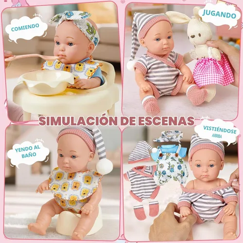 Vista 6 de Cleboen Juego de accesorios para muñecas de bebé para niñas, muñeca de bebé de 9'' con 2 juegos de ropa, andador para muñecas, silla, biberón