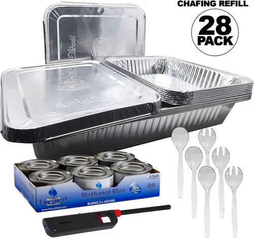 Vista 2 de Juego de 28 piezas de repuesto desechables de aluminio para bufé, incluye sartenes de aluminio, combustible de metanol, utensilios para servir
