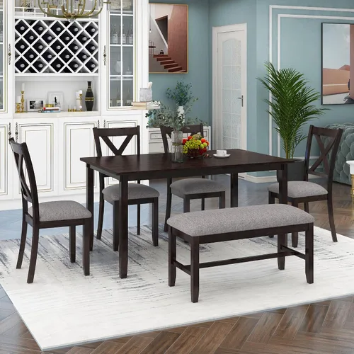 Vista 15 de Juego de mesa de comedor de 6 piezas estilo granja, mesa rectangular con soporte y 4 sillas tapizadas y banco, juego de muebles de cocina