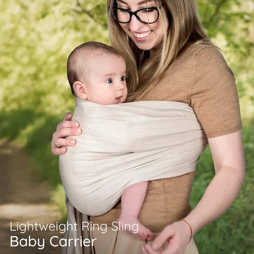 Vista 8 de Portabebés con Eslinga de Anillo - Probado en Laboratorio de EE. UU., 100% Algodón Muslin Natural, Eslinga de Anillo transpirable y ergonómica Beige