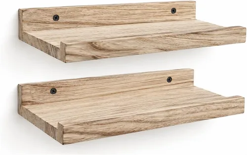 Vista 12 de Z metnal Mini estantes flotantes, pequeño estante de pared de madera natural para repisa de fotos, Pawlownia, montado en la pared, marrón claro, 6 x