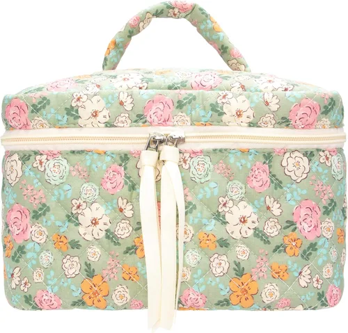 Vista 52 de PAZIMIIK - Bolsa de maquillaje de algodón para mujer, grande, acolchada para viaje, Rosa (Bow Pink), Vintage