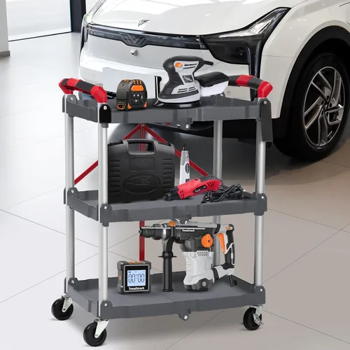 Vista 6 de Carrito de servicio plegable portátil de 3 niveles, carrito plegable con ruedas, capacidad de carga de 56 libras por estante, carritos plegables
